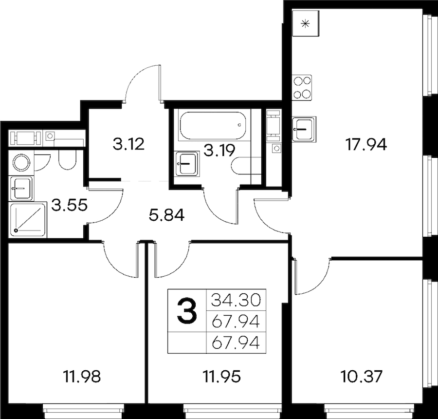 3-комнатная квартира 67.94 м², 11/18 эт., ЖК «Glorax City Василеостровский»